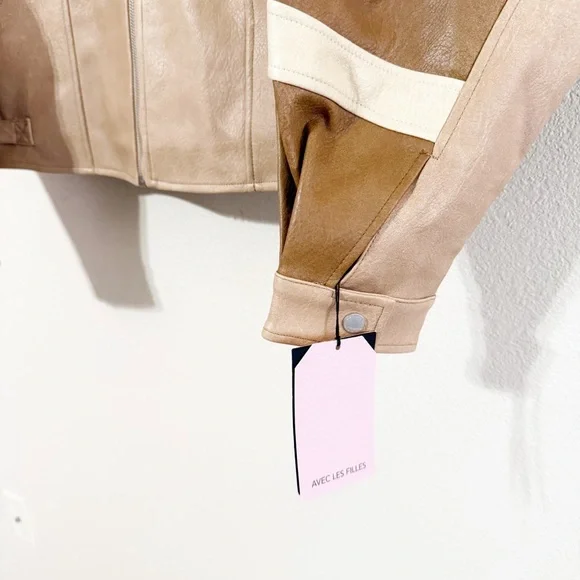 Avec Les Filles Faux Leather Racing Moto Bomber Colorblock Jacket NEW size Large - Picture 11 of 14